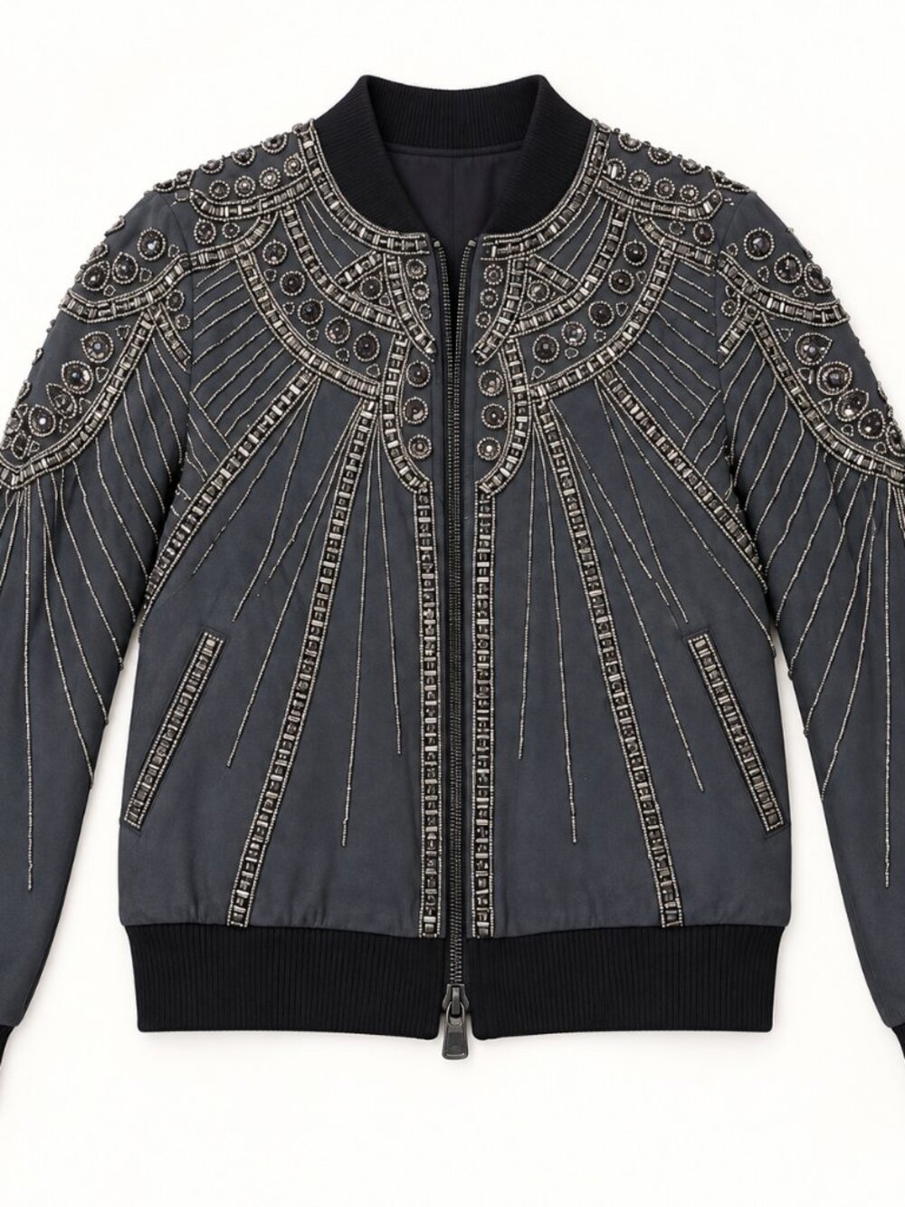 Haute Hippie Dark Gray Embellished Goat Suede Bomber Jacket S